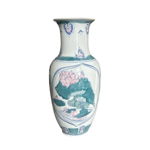 Tall Chinoiserie Chinese Ceramic White Vase with Hand Painted Ducks and Flowers