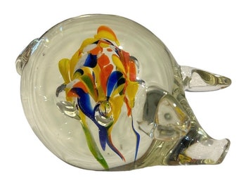 Hand Blown Pig Figurine Paperweight Art Glass With Confetti Colors