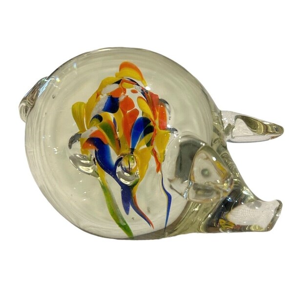 Hand Blown Pig Figurine Paperweight Art Glass With Confetti Colors