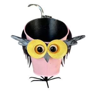 May include: A pink metal owl planter with yellow eyes and black pupils. The owl has a black rim around the planter and a small metal hook on the top.