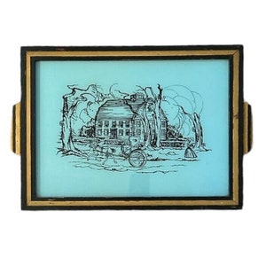 Vintage Blue Line Drawing Glass Serving Tray