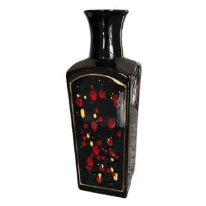 Black with Red Glazed Spots and Gold Trimmed Tall Black Ceramic Signed Vase