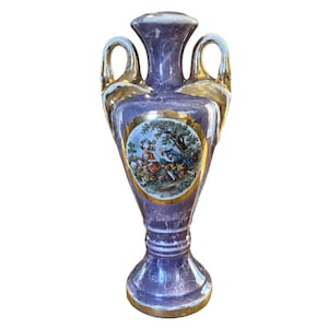 Purple Porcelain Antique Lamp Base With A Pastoral Couple Scene And Gold Trim