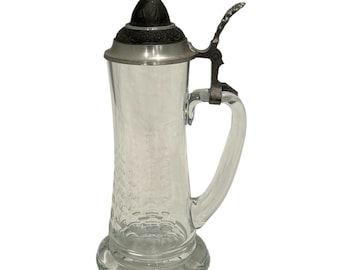 1970er Jahre Großer Bierkrug aus Zinn und Glas