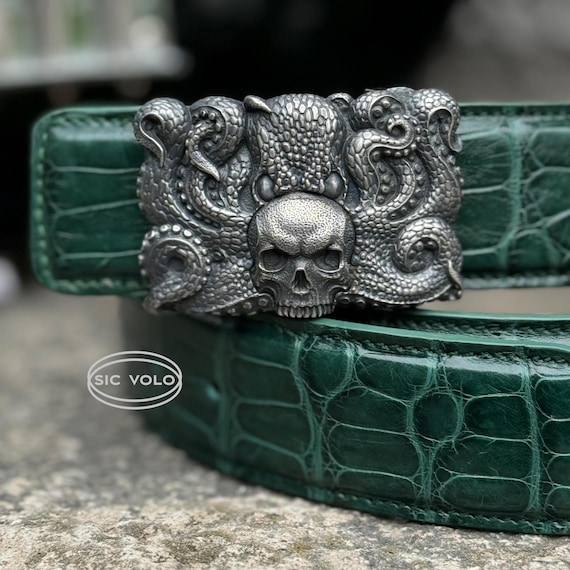 Octopus Skull 925 Silver Belt Buckle, Alligator Leather Belt  display picture 2