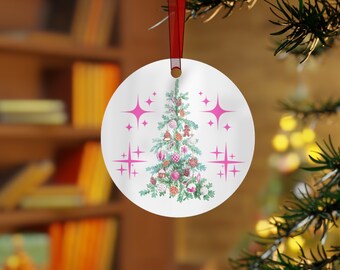 Christmas Tree With Pink Accents Metal Ornament