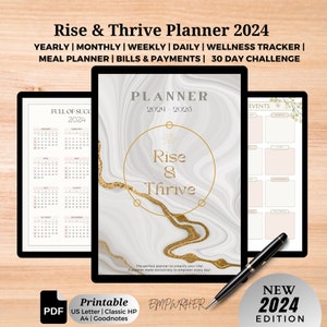 Puede incluir: Un planificador imprimible para 2024 con un diseño de mármol blanco y dorado. El planificador incluye secciones para el año, el mes, la semana, el día, un seguimiento del bienestar, un planificador de comidas, facturas y pagos, y un desafío de 30 días. El texto "Rise & Thrive Planner 2024" está en la parte superior de la imagen. El texto "EMPWRHER" está en la parte inferior de la imagen.