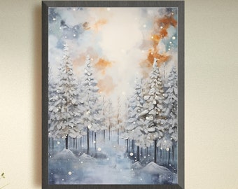 Pode incluir: Uma pintura em aquarela emoldurada de uma cena de floresta nevada. As árvores estão cobertas de neve branca e o céu é azul claro com toques de laranja e amarelo. A pintura é emoldurada em uma moldura cinza escura.