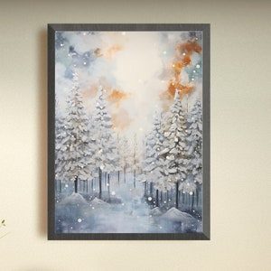 Pintura al óleo de arte mural de paisaje invernal, impresión de árboles de hoja perenne nevados, póster de pino nevado, arte navideño, arte mural imprimible de bosque invernal