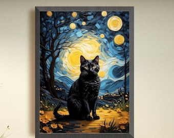 Starry Night Cat Art Print: Funny Van Gogh Parody Home Decor