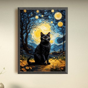 Impresión de gato de la noche estrellada de Vincent Van Gogh, divertido póster artístico de gato negro, regalo único para decoración del hogar