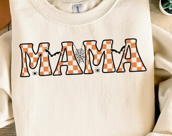 Retro Spooky Mama Halloween PNG SVG: Checkered Varsity Design (Digital Download)