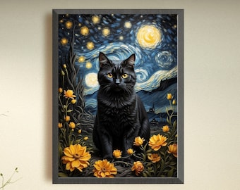 Starry Night Cat Art Print: Funny Van Gogh Black Cat Home Decor