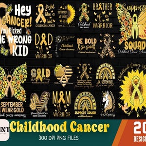 May include: A set of 20 digital designs featuring gold ribbons and sunflowers with the text "Childhood Cancer Awareness" and various slogans related to childhood cancer awareness. The designs are in a variety of styles, including bold, playful, and inspirational.