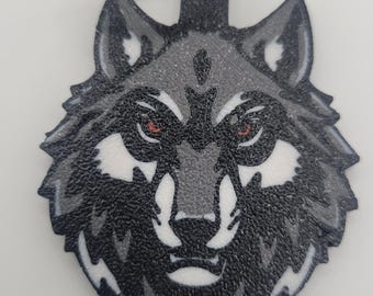 Dubbelzijdige grijze wolf-sleutelhanger: 3D-geprint.