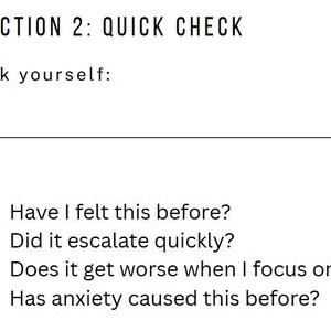 May include: A white background displays the text "SECTION 2: QUICK CHECK" and "Ask yourself:" followed by four bullet points. The bullet points pose questions about feelings and anxiety, such as "Have I felt this before?" and "Did it escalate quickly?"