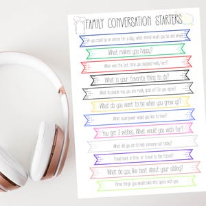 May include: A printable worksheet with conversation starters for families. The worksheet features colorful banners with questions such as "What makes you happy?" and "What do you want to be when you grow up?"