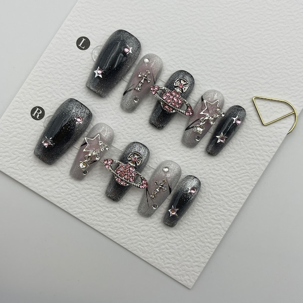 Vivienne Westwood inspired black pink crystals star glitter metallic luxury/valentine nail/wedding nail/elegant reusable nail/y2k nails