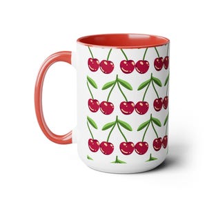 Cute Retro Cherry Mug, Two-Tone Coffee Mug 15oz. Holiday Christmas Any Day Gift! Perfect Fun Stylish Gift For Friends Family Fruit Art Lover