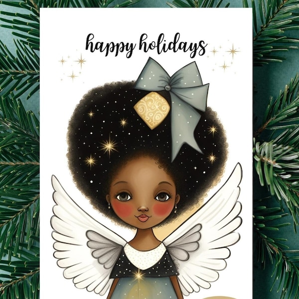 PRINTABLE African American Christmas Angel, Black Angel Christmas Card, African American Happy Holidays Card Downloadable Black Art Card