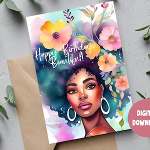 Druckbare alles Gute zum Geburtstag Karte schwarze Frau Geburtstagskarte Sofortiger digitaler Download faltbare Grußkarte für Frau Freundin Tochter Nichte