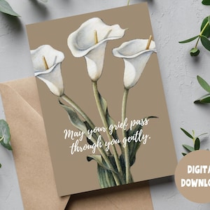 Carte de condoléances à imprimer avec fleurs de lys calla pour hommes et femmes Carte de voeux pliable à téléchargement immédiat pour plus de sympathie