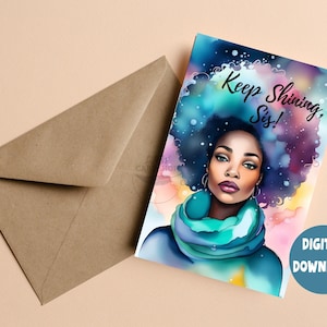 Cartão de felicitações para mulheres com arte negra para impressão digital, download de cartão de incentivo para irmã sobrinha, novo emprego, cartão de felicitações para casa