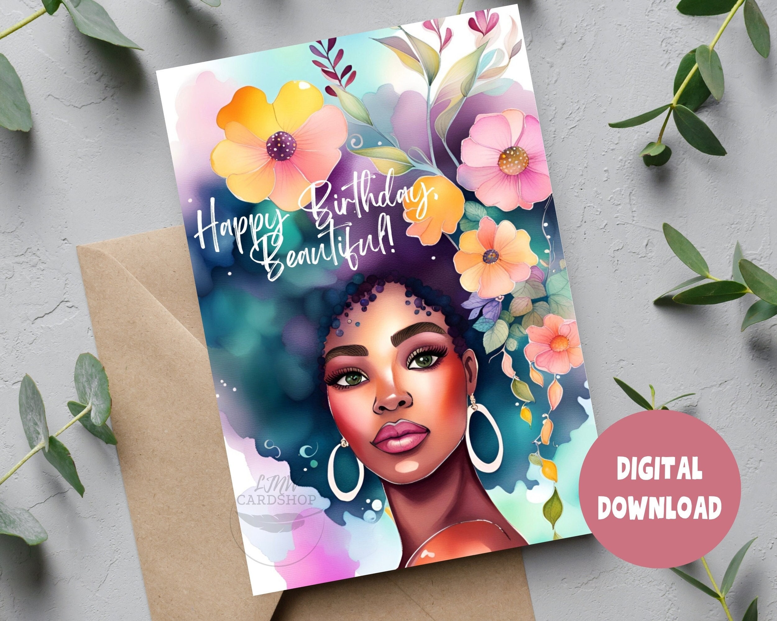 Printable happy birthday card black woman birthday card instant digital
