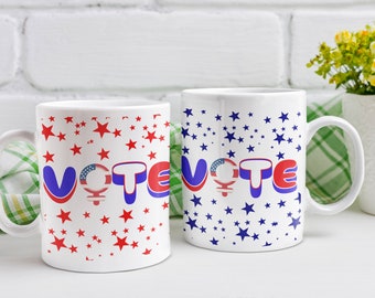 Women vote mug, election 2024, America, women rights, female symbol, red white and blue, American flag, Stars and Stripes, patriotic.