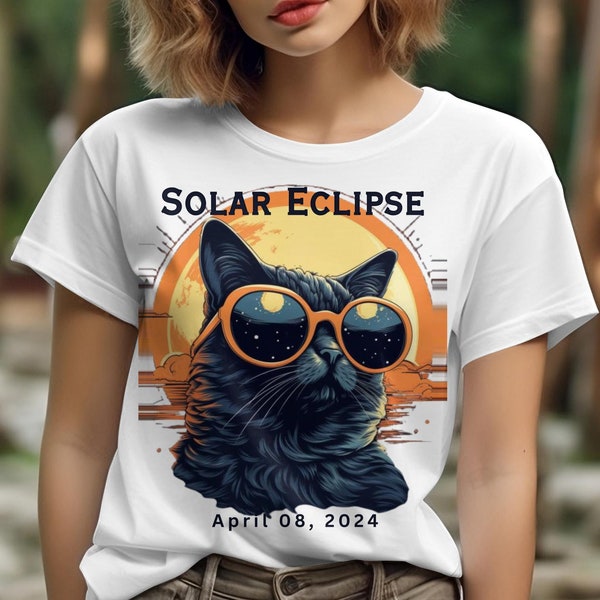 Solar Eclipse 2024 Cat Sunglasses T-Shirt, Ladies Unisex Crewneck Shirt, Cat Lovers, Astronomy, Science, Solar Eclipse 2024