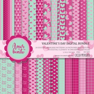 Paquete digital del día de San Valentín, imágenes prediseñadas del día de San Valentín, patrón sin costuras de San Valentín, patrón rosa de San Valentín, patrón imprimible de San Valentín