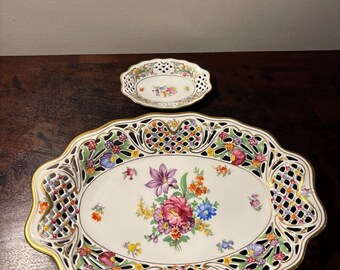 2Pc Schumann Oval Serving Bowl Chateau Reticulated 12.4” and Mini Dish 5” Dresden Flowers