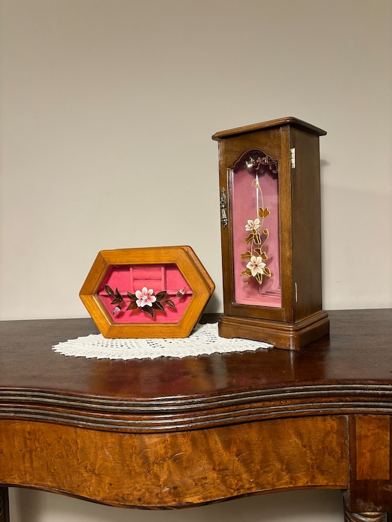 VTG Jewelry Box Wooden with Ornate Glass Door 2 O… - image 1