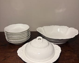 Antique Haviland Ranson Porcelain Set: Oval Bowl, Covered Dish, Fruit Bowls
