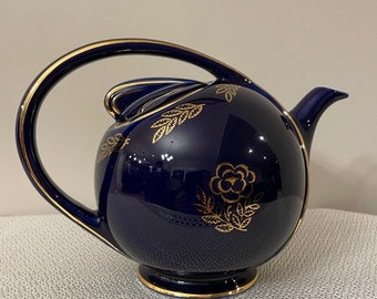 Vintage Hall China Cobalt Blue & Gold Airflow Teapot
