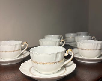 Antique Haviland Limoges Tea Cup Set, White with Gold Trim (8 Cups & Saucers)