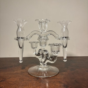 VTG Glass Candelabra Cambridge Glass Epergne Bud Vase Candle Holder Set 8.25” Tall