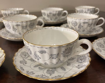 Spode Colonel China England Set of 10 Tea Cups and 10 Saucers In Grey with Gold Trim