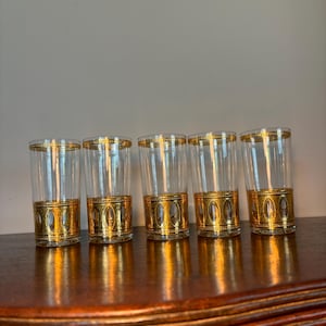 VTG 5Pc Culver Antigua Cocktail Highball Glasses 5 5/8” Tall Gold Crackled Print Barware