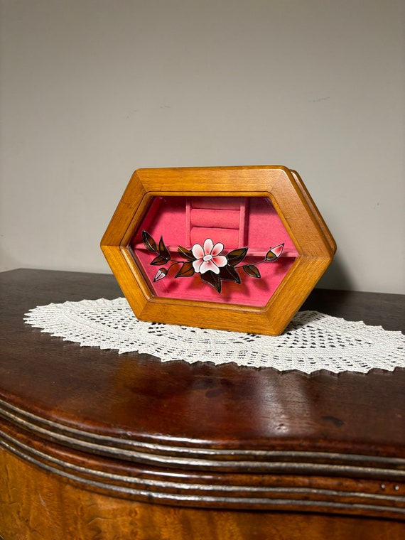 VTG Jewelry Box Wooden with Ornate Glass Door 2 O… - image 3