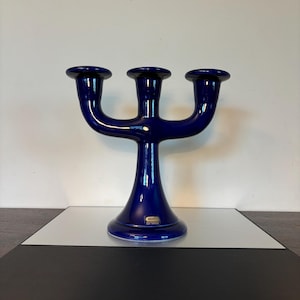 VTG Guldkroken Candelabra 3 Arm Cobalt Blue Ceramic Candle Holder Sweden 8 1/8” Tall