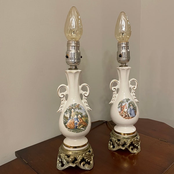 Courting Couple Table lamp PAIR White Porcelain Gold Gild George and Martha Washington