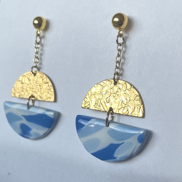Clay Earrings, Handmade Jewelry, Gold Semicircle Dangly Earrings, Blue and White, Gifts for Her, Art Deco, Italy Style, Resin Art, Eclectic