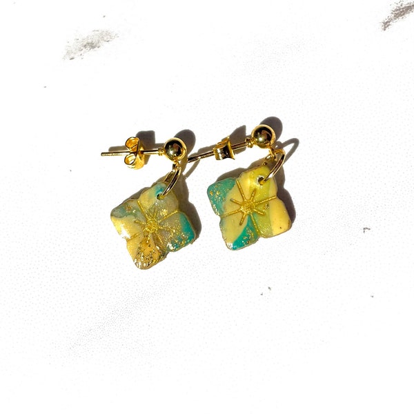 Green Orange Turquoise Dainty Star Earrings, Handmade Gold Jewelry, Unique Square Design, Children’s Fashion, Eras Tour, Hippie and Boho