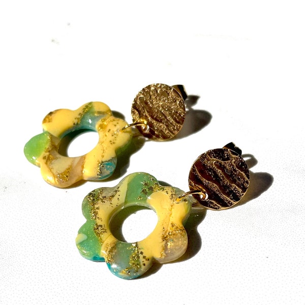 Green Orange Turquoise Flower Earrings, Handmade Spring Gold Jewelry, Unique Flower Design, Children’s Fashion, Eras Tour, Hippie and Boho