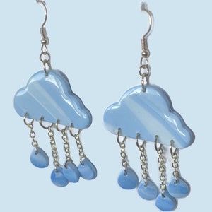 Clay Earrings, Handmade Dangly Jewelry, Cloud and Rain Weather, Blue and Gold, Gifts for Her, Science Teacher Outfit, Eclectic Girlfriend
