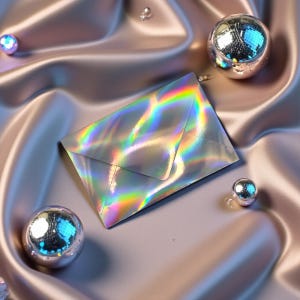 May include: A holographic envelope with rainbow iridescence, resting on a satin surface. The envelope is surrounded by silver disco balls and small, shiny spheres. The overall aesthetic is glamorous and eye-catching.