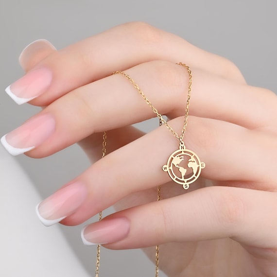 14K Solid Gold World Map Necklace, Minimalist Globe Pendant for