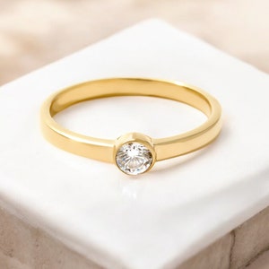 Minimalist Gold Solitaire Ring, Dainty CZ Engagement Ring, Simple Stacking Band, Elegant 10K 14K 18K Gold Ring, Gift For Her, Promise Ring