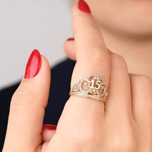 Quinceañera Tiara Crown Ring 14K Gold, Sweet 15 Jewelry, Solid Gold Princess Ring, Elegant Gift for Her, Birthday or Anniversary